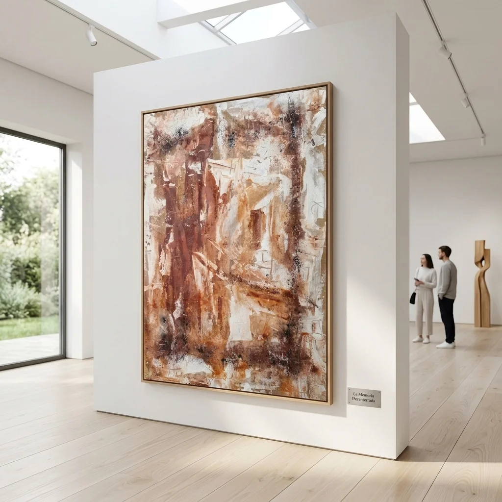 Perspectiva de la obra 'La Memoria Desenterrada' expuesta en una galería minimalista nórdica